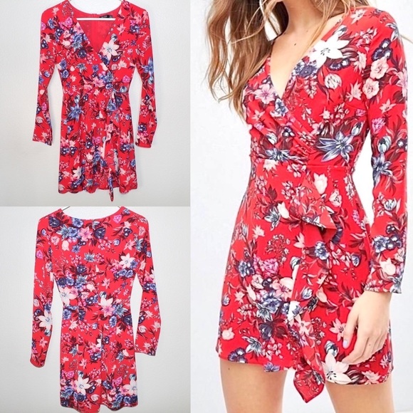 𝅺BERSHKA Red Floral Print Wrap Long Sleeve Mini Dress - Size Small - Picture 1 of 8
